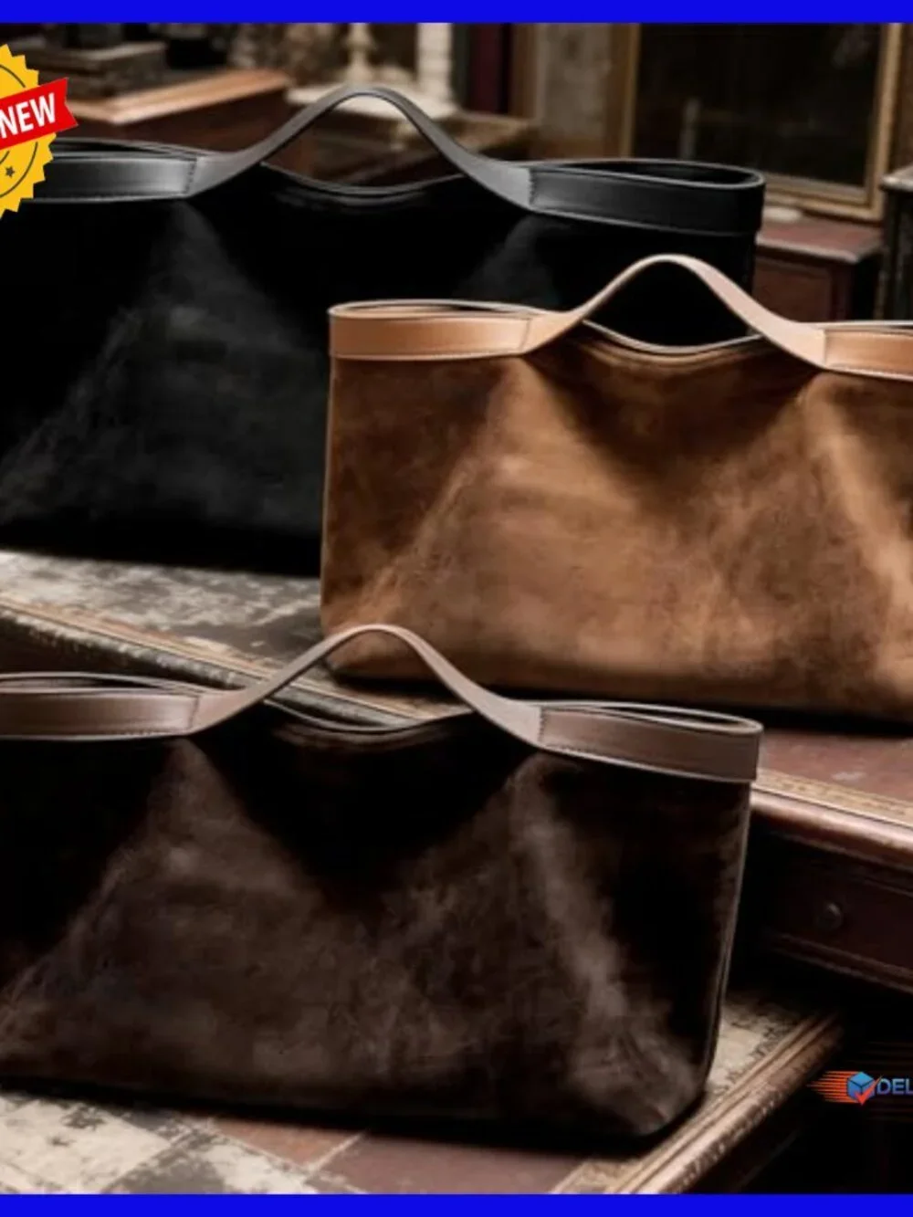 Genuine Suede Leather Tote Bag with Adjustable Strap and Internal Pouch